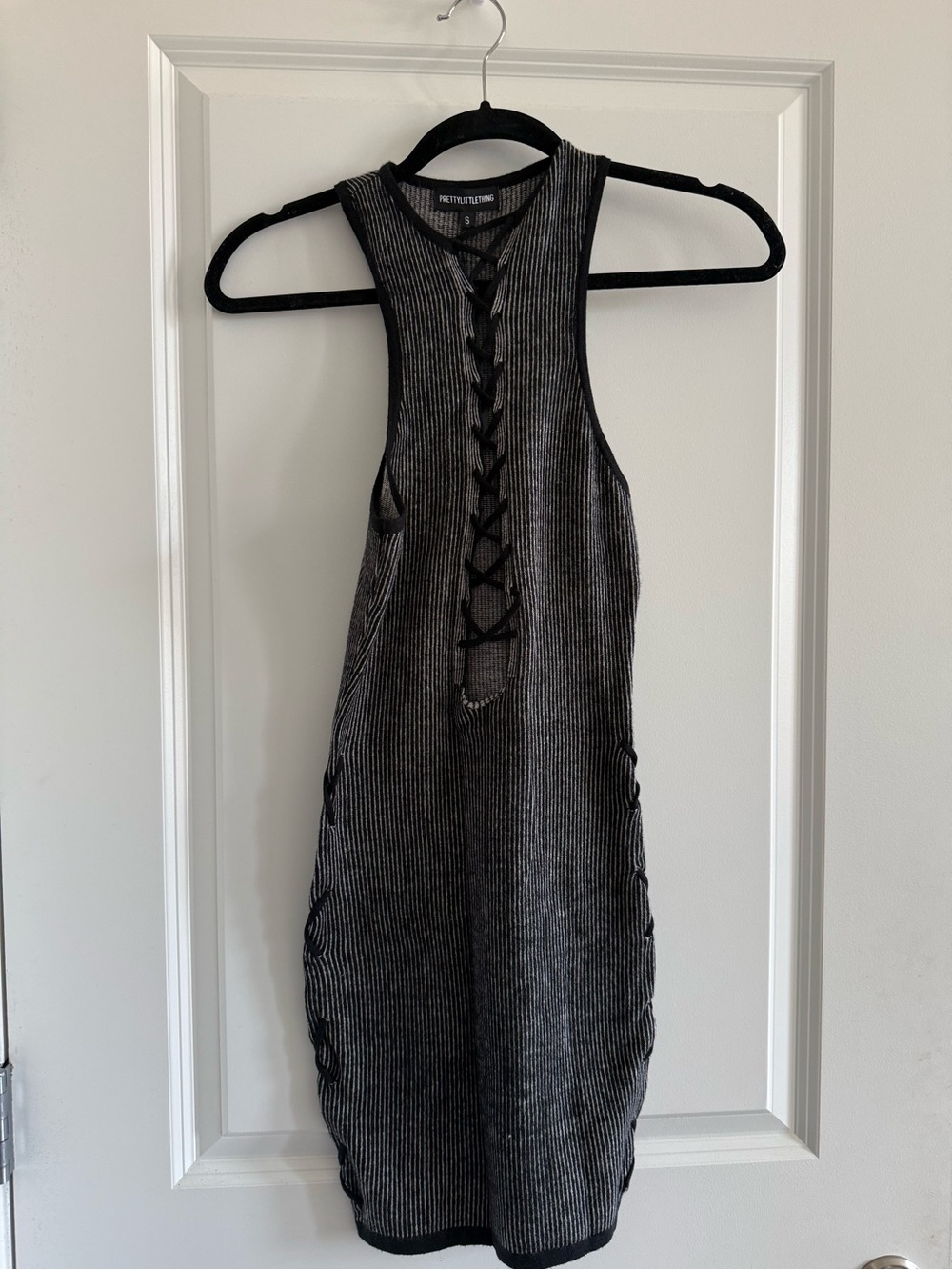 PrettyLittleThing Black and Gray Ribbed Lace-Up Tank Mini Dress